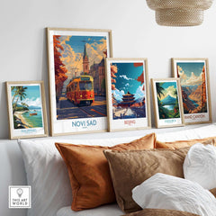 Novi Sad Travel Poster - Serbia displayed among global travel posters on a modern living room wall.