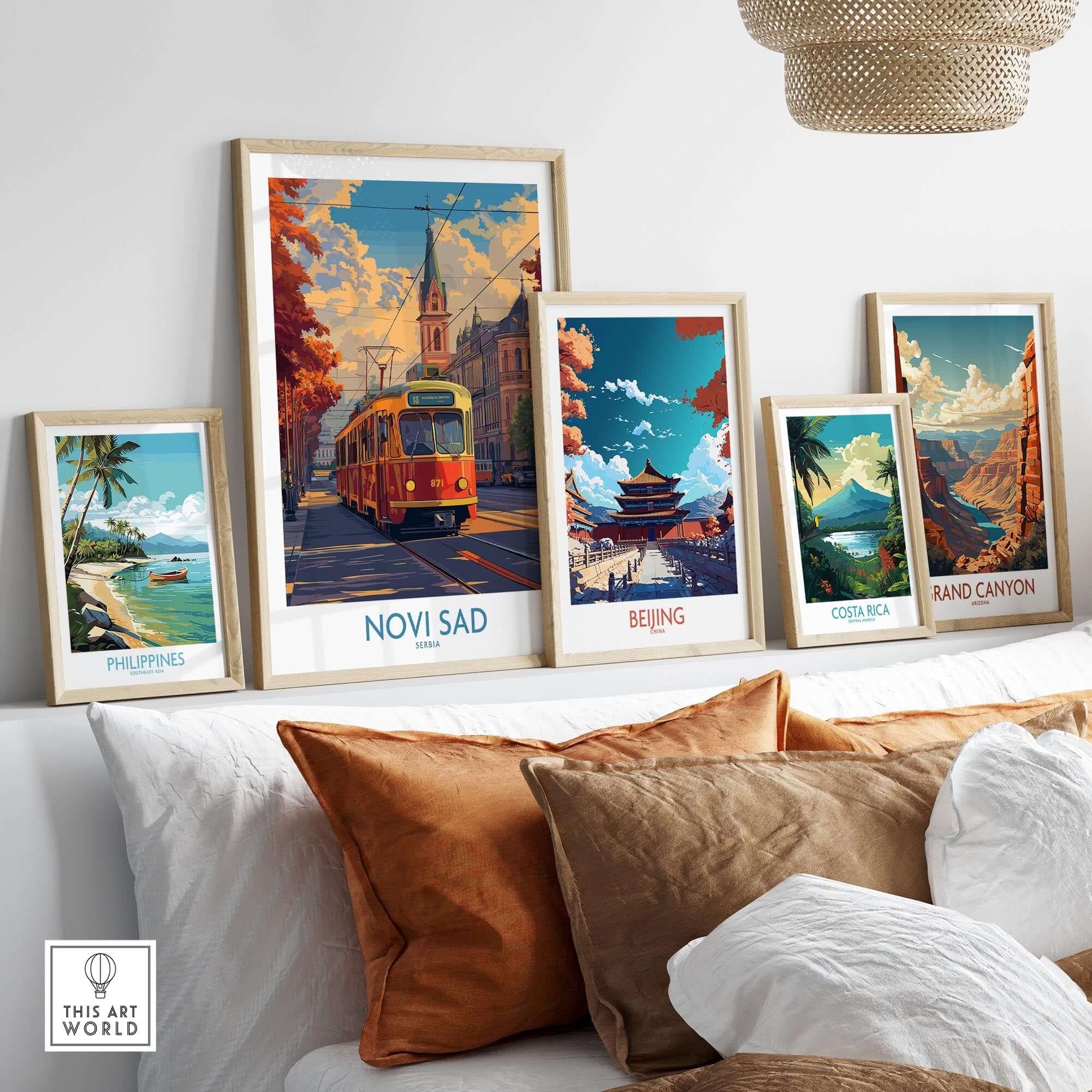 Novi Sad Travel Poster - Serbia displayed among global travel posters on a modern living room wall.