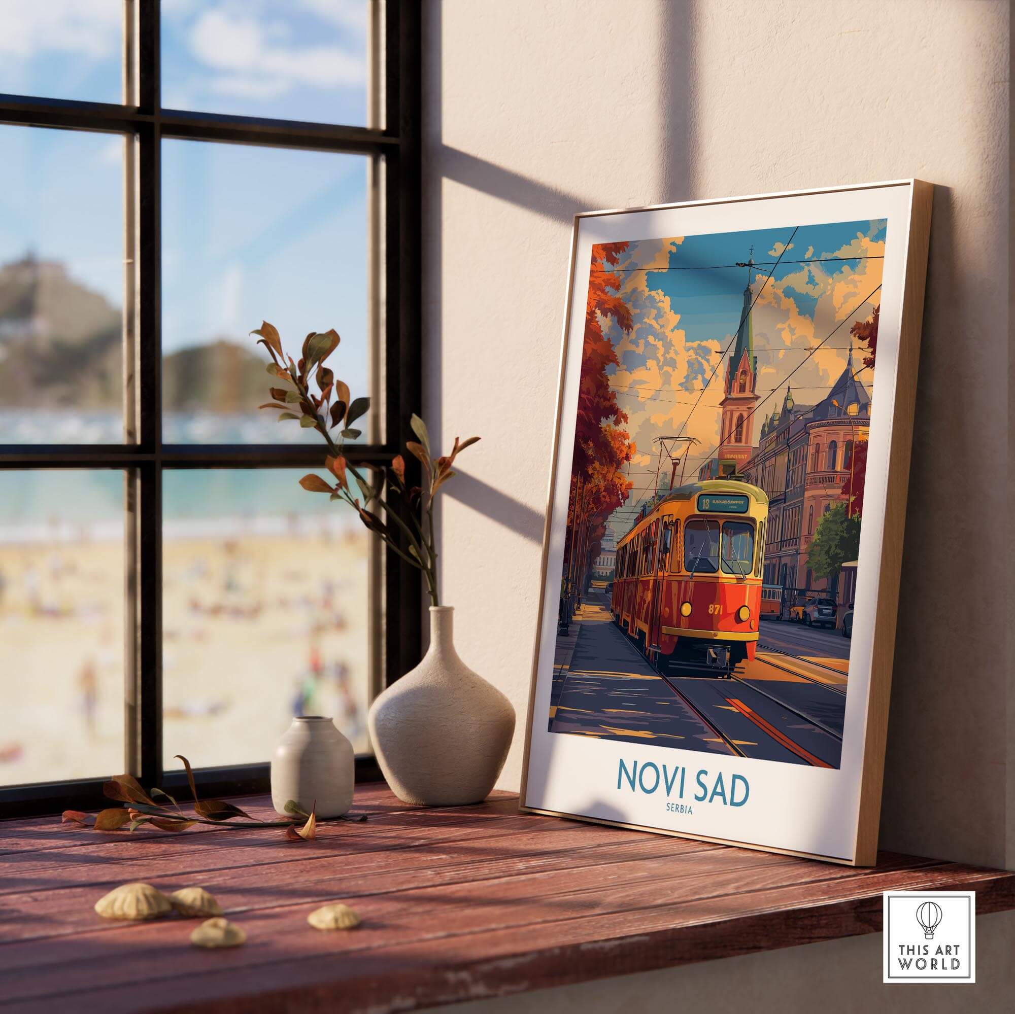 Novi Sad Travel Poster - Serbia displayed in a bright room, featuring a tram and cultural landmarks.