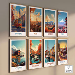 Novi Sad Travel Poster - Serbia displayed among other European city posters