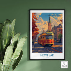 Novi Sad Travel Poster - Serbia showcasing a vintage tram against scenic architecture.