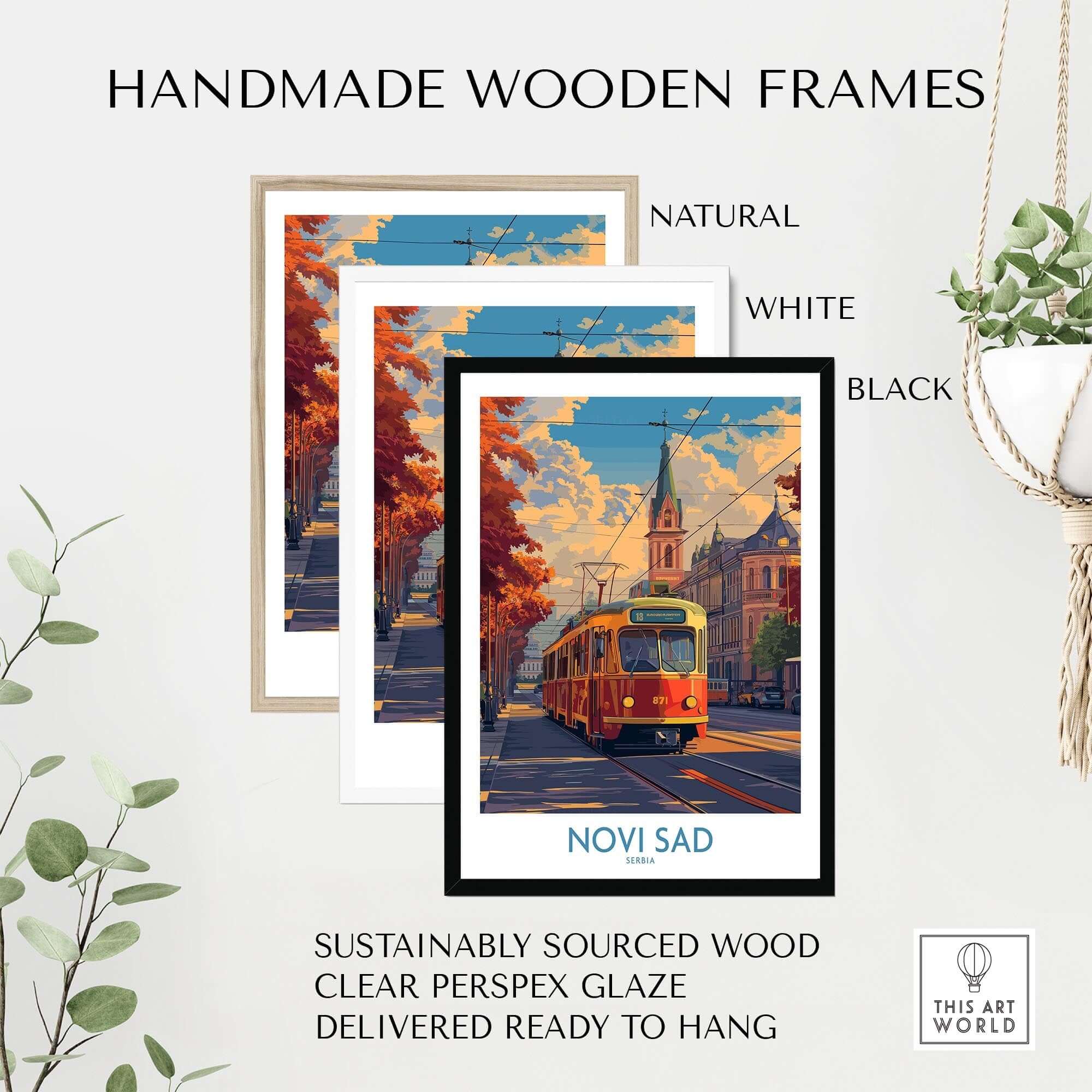 Novi Sad Travel Poster - Serbia in handmade wooden frames, showcasing natural, white, and black options.