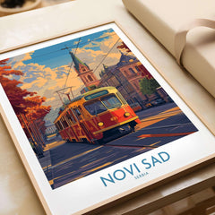 Novi Sad Travel Poster - Serbia featuring a vintage tram in a vibrant urban landscape.