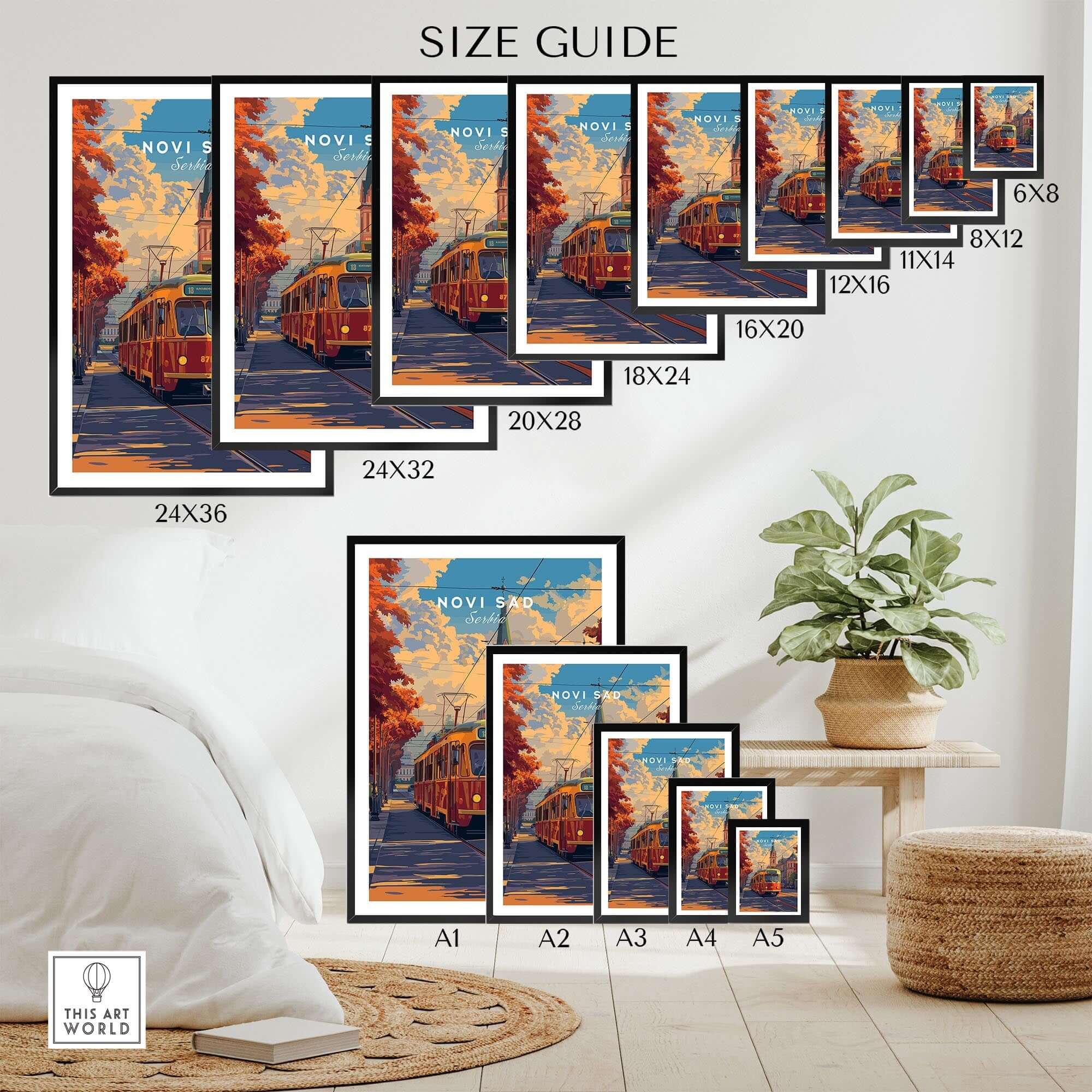 Novi Sad Travel Print - Serbia size guide showing various frame sizes for the travel print.