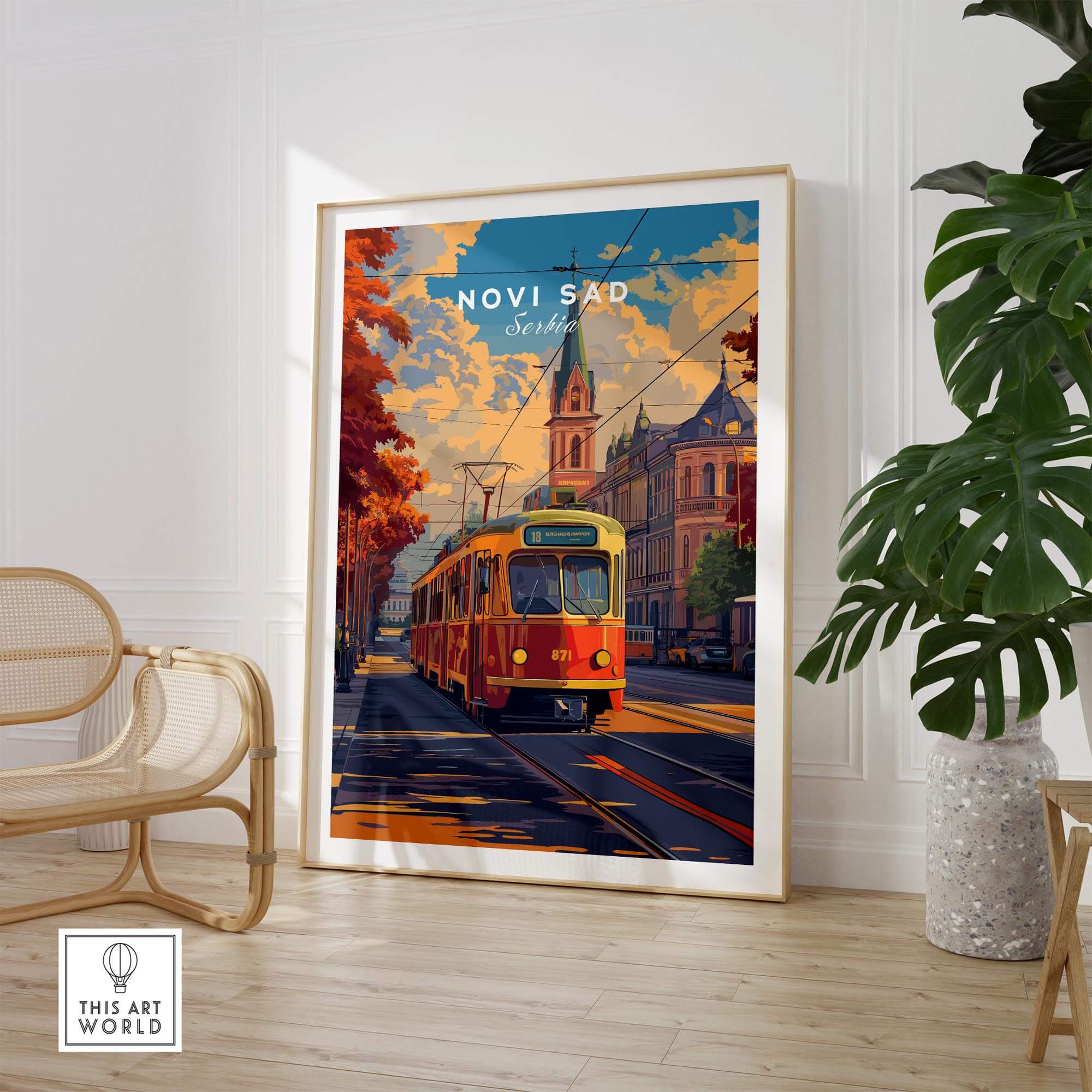 Novi Sad Travel Print - Serbia depicting a vibrant tram scene with charming architecture.