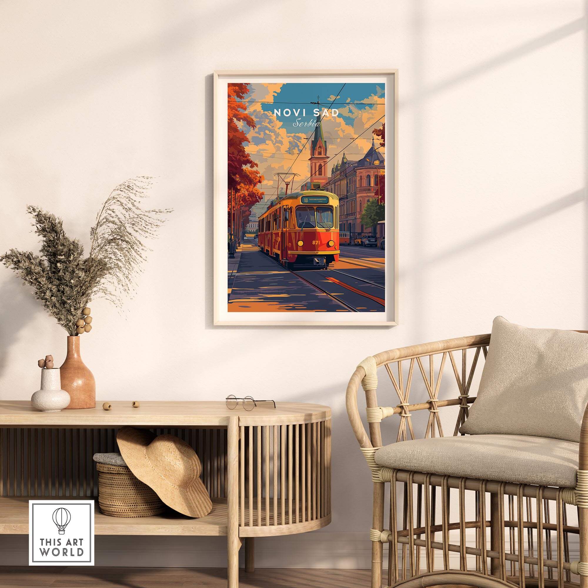 Novi Sad Travel Print - Serbia featuring a vibrant tram and scenic Serbian architecture in a chic living space.