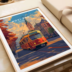 Novi Sad Travel Print - Serbia showcasing a vintage tram against a vibrant cityscape.