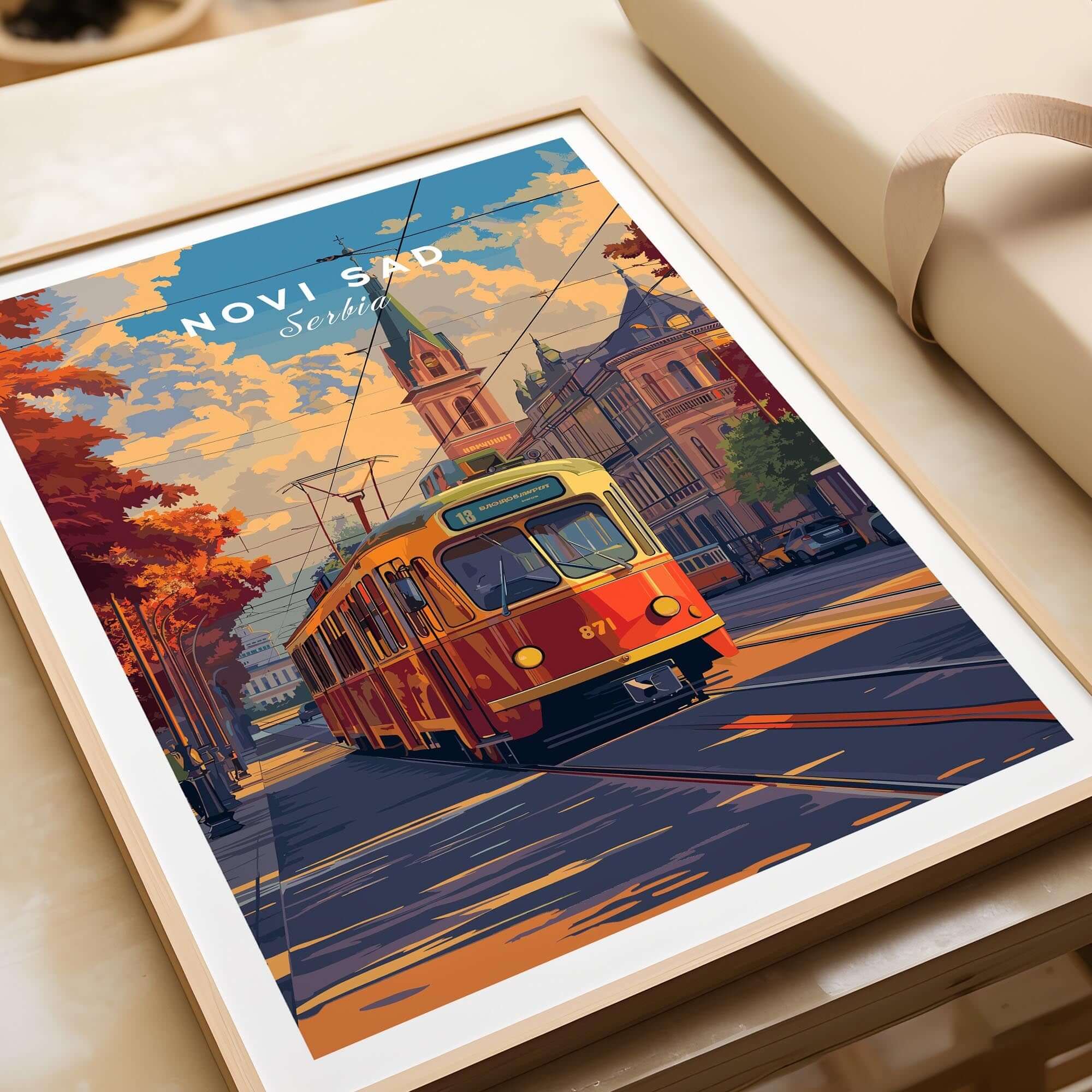 Novi Sad Travel Print - Serbia showcasing a vintage tram against a vibrant cityscape.