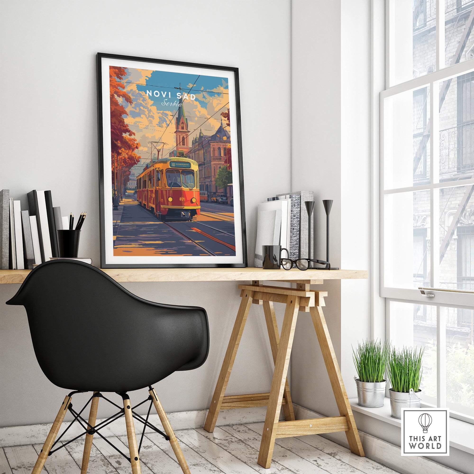 Novi Sad Travel Print - Serbia featuring a vintage tram and Serbian architecture in a stylish home decor setting.