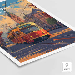 Novi Sad Travel Print - Serbia featuring a vibrant tram and beautiful Serbian architecture.