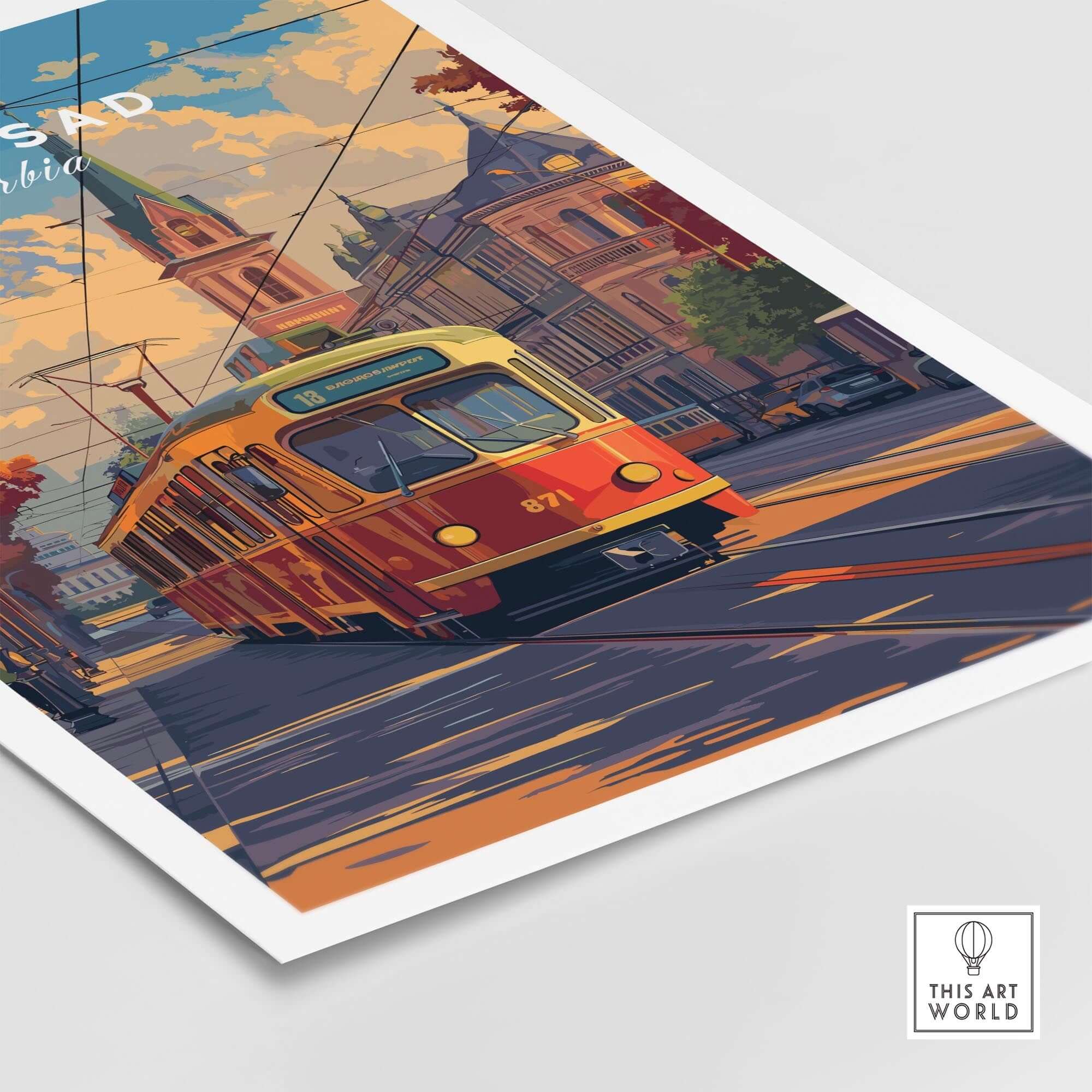 Novi Sad Travel Print - Serbia featuring a vibrant tram and beautiful Serbian architecture.