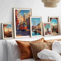 Novi Sad Travel Print - Serbia displayed among other travel posters in a stylish home decor setting.
