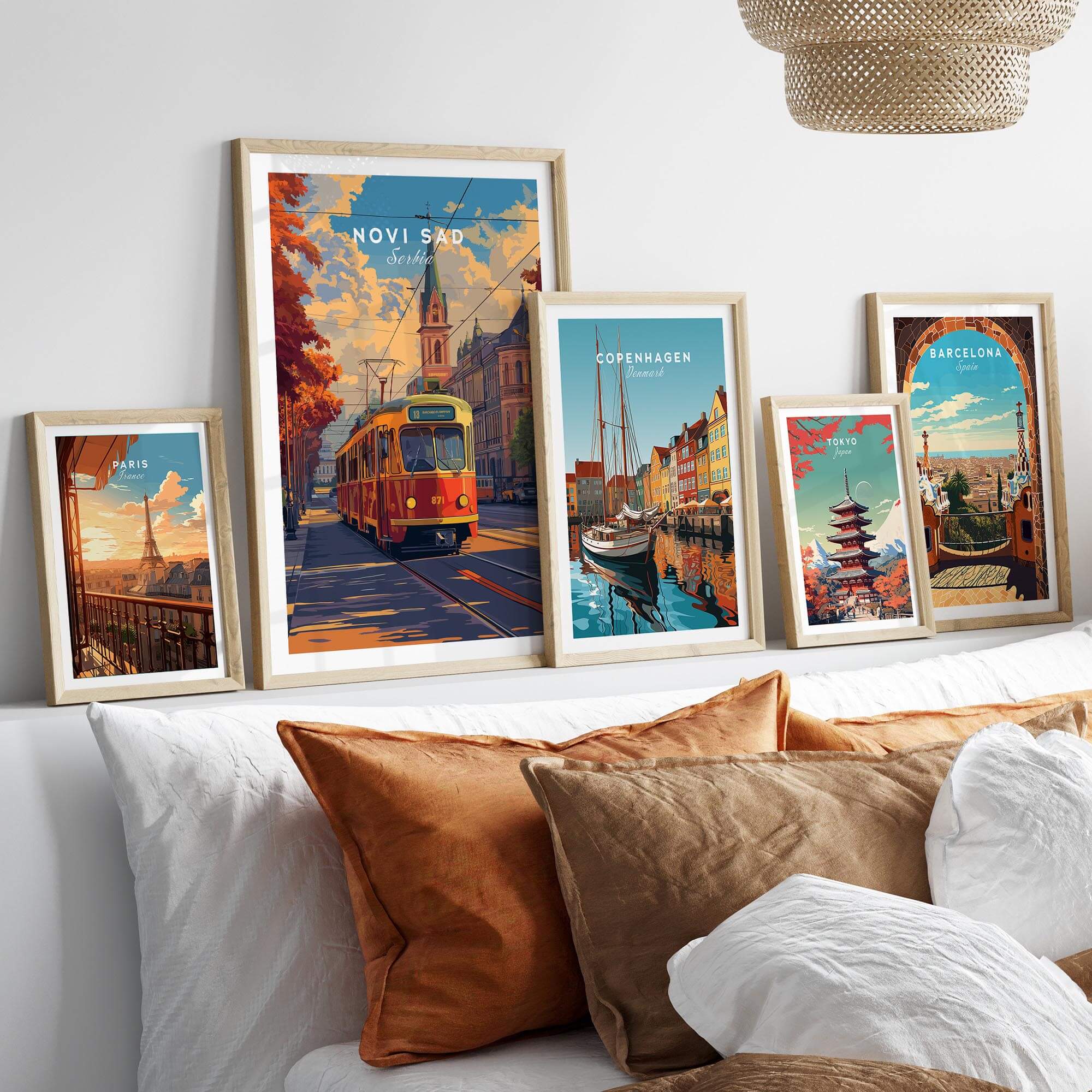 Novi Sad Travel Print - Serbia displayed among other travel posters in a stylish home decor setting.