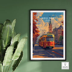 Novi Sad Travel Print - Serbia featuring a vintage tram and beautiful architecture, perfect for home decor.
