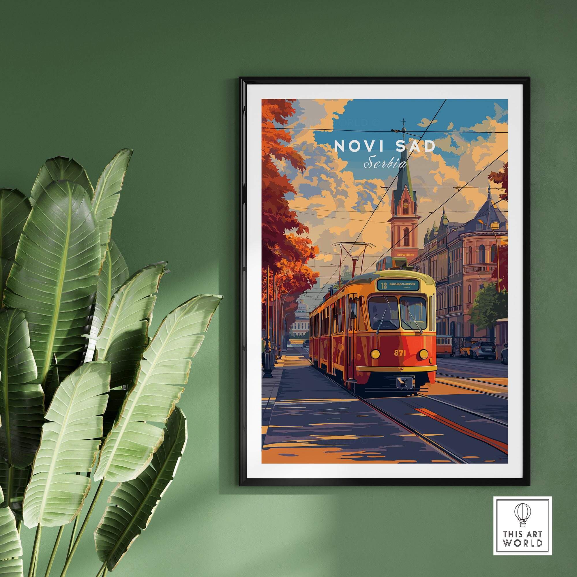 Novi Sad Travel Print - Serbia featuring a vintage tram and beautiful architecture, perfect for home decor.