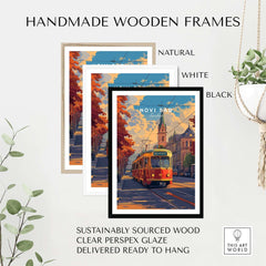 Novi Sad Travel Print - Serbia in handmade wooden frames, showcasing natural, white, and black options.