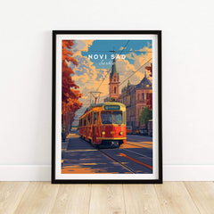 Novi Sad Travel Print - Serbia featuring a vibrant tram and Serbian architecture in a picturesque city scene.