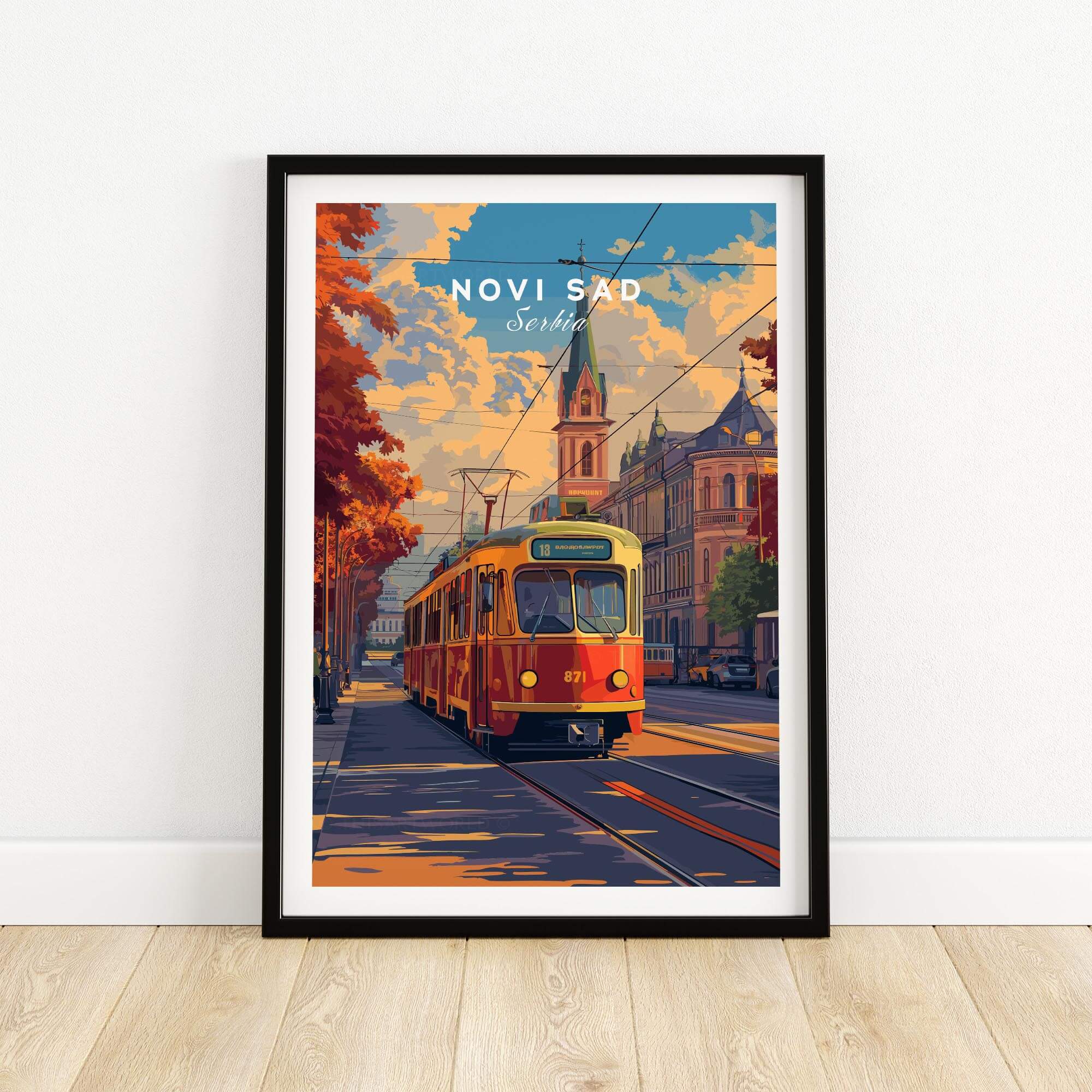 Novi Sad Travel Print - Serbia featuring a vibrant tram and Serbian architecture in a picturesque city scene.