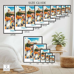 Obidos Portugal Wall Art Print size guide showcasing various sizes and vibrant design details.