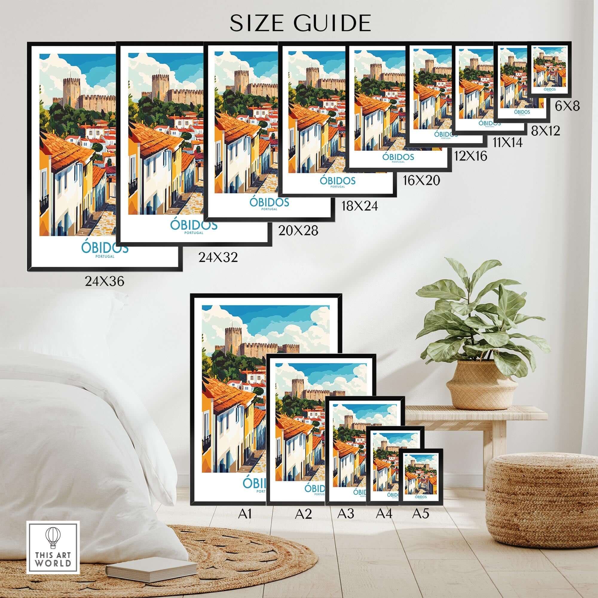 Obidos Portugal Wall Art Print size guide showcasing various sizes and vibrant design details.