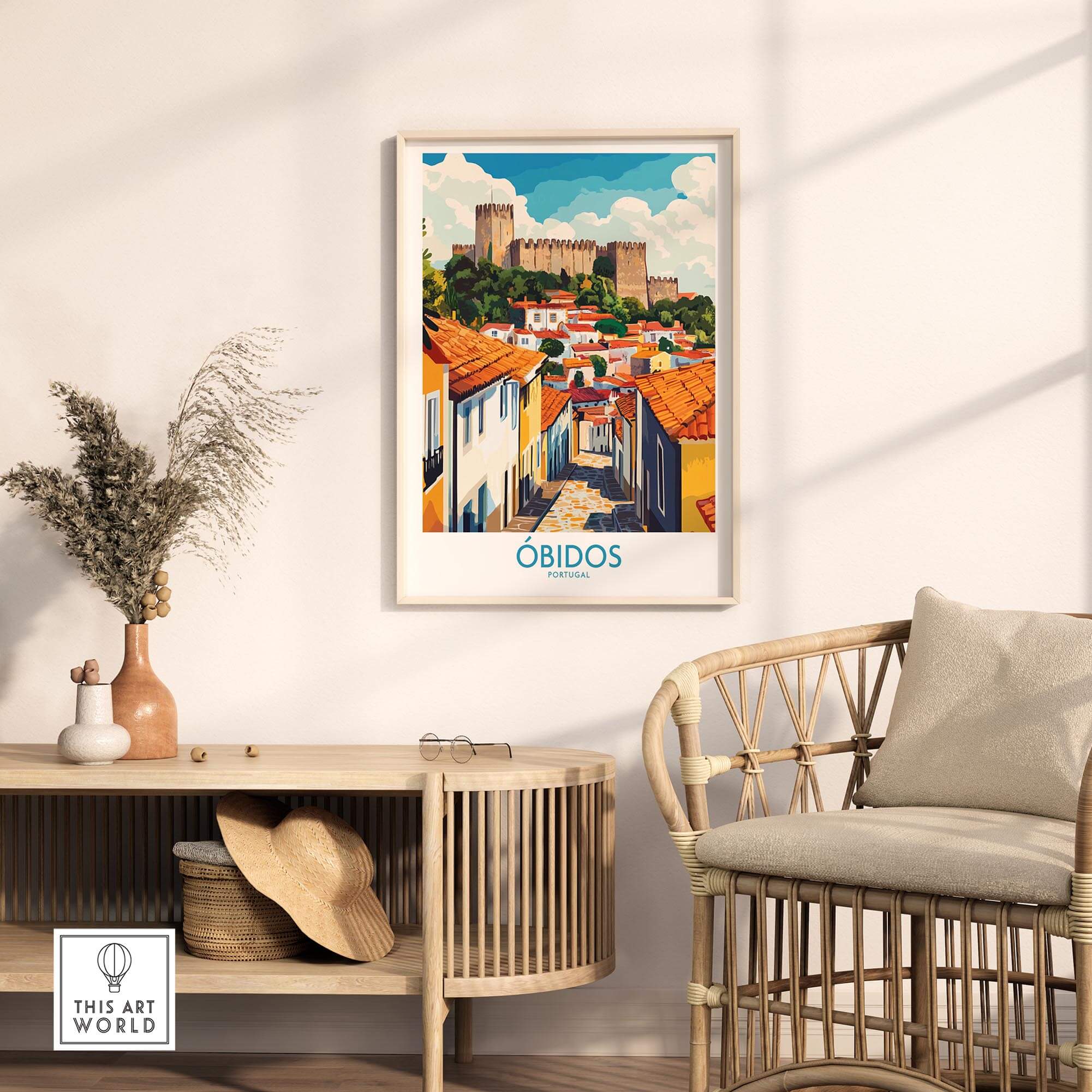 Obidos Portugal Wall Art Print showcasing vibrant street scene and medieval architecture in cozy home decor.