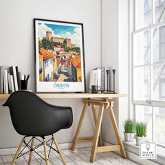 Obidos Portugal Wall Art Print displayed in a stylish home office, featuring vibrant colors and intricate architectural details.