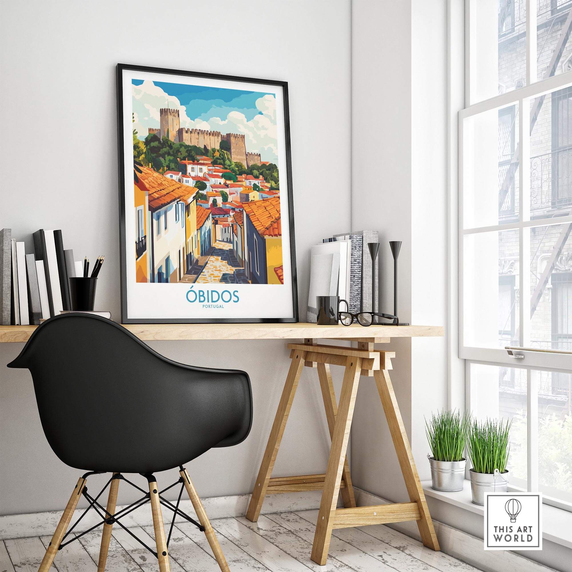 Obidos Portugal Wall Art Print displayed in a stylish home office, featuring vibrant colors and intricate architectural details.