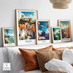 Obidos Portugal Wall Art Print displayed among other vibrant travel posters in a stylish home decor setting.