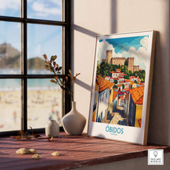 Obidos Portugal Wall Art Print showcasing a vibrant street scene with charming architecture and a castle backdrop.