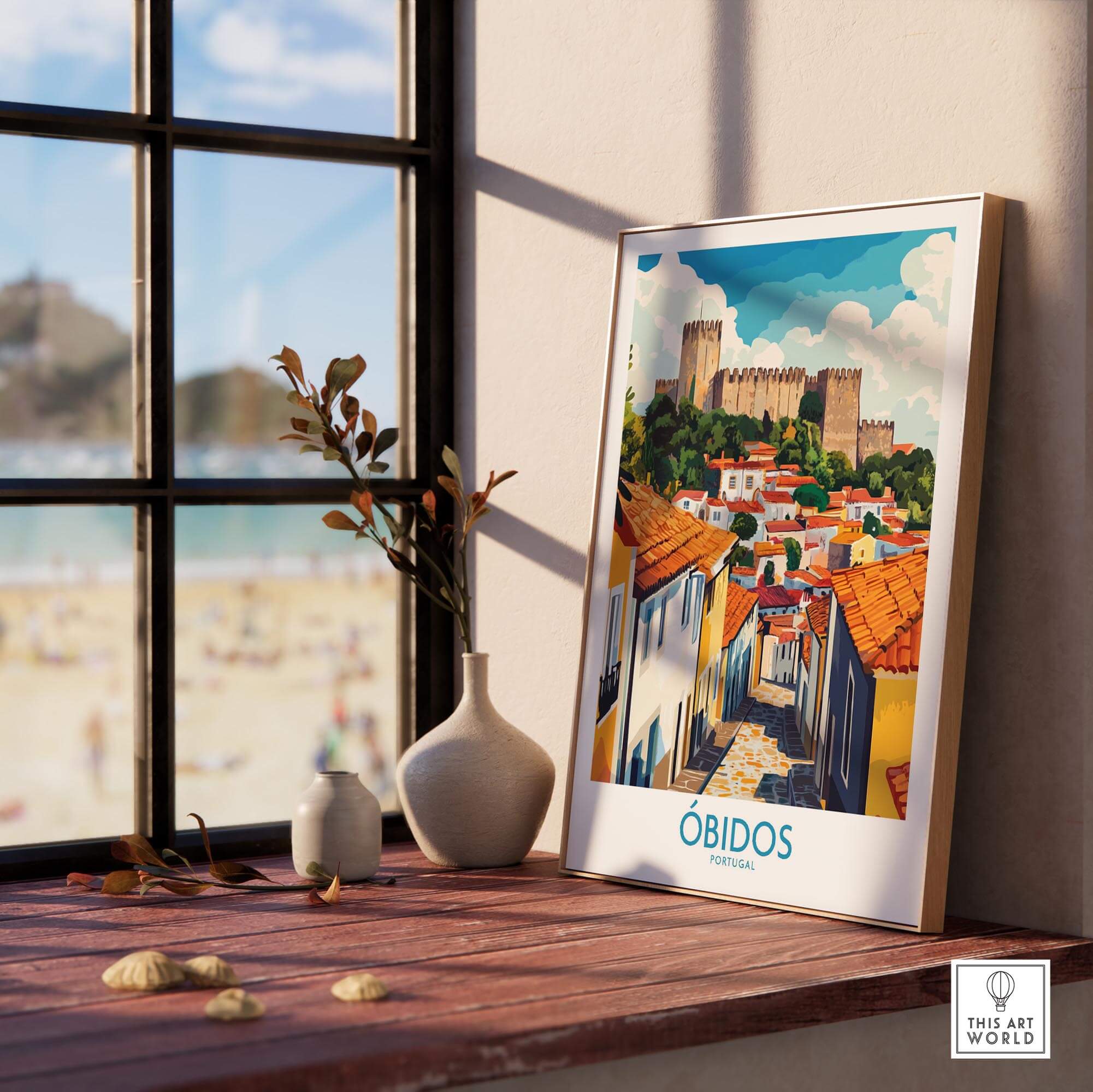 Obidos Portugal Wall Art Print showcasing a vibrant street scene with charming architecture and a castle backdrop.