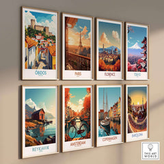 Obidos Portugal Wall Art Print showcasing vibrant travel posters of cities including Paris, Florence, Tokyo, and more.