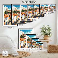 Obidos Print Portugal size guide with framed prints displayed in various sizes on a stylish interior wall.