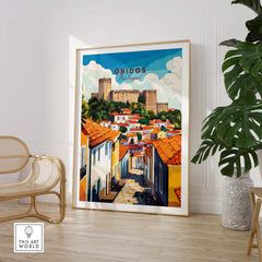 Obidos Print Portugal featuring a vibrant street scene with traditional houses and castle in background.