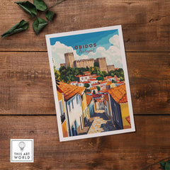 Obidos Print Portugal depicting a vibrant street view of Obidos, Portugal, with a beautiful castle backdrop.