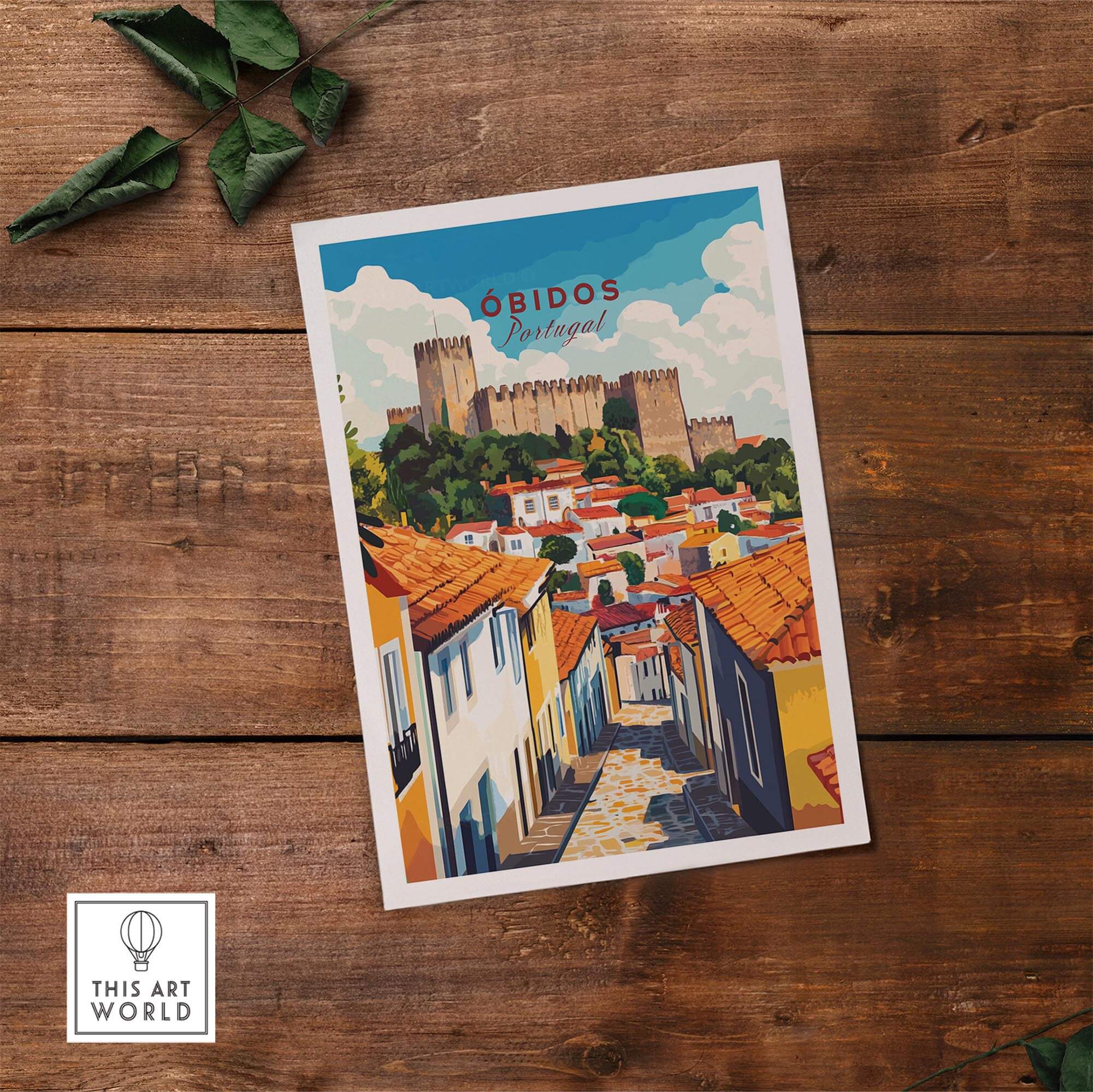 Obidos Print Portugal depicting a vibrant street view of Obidos, Portugal, with a beautiful castle backdrop.