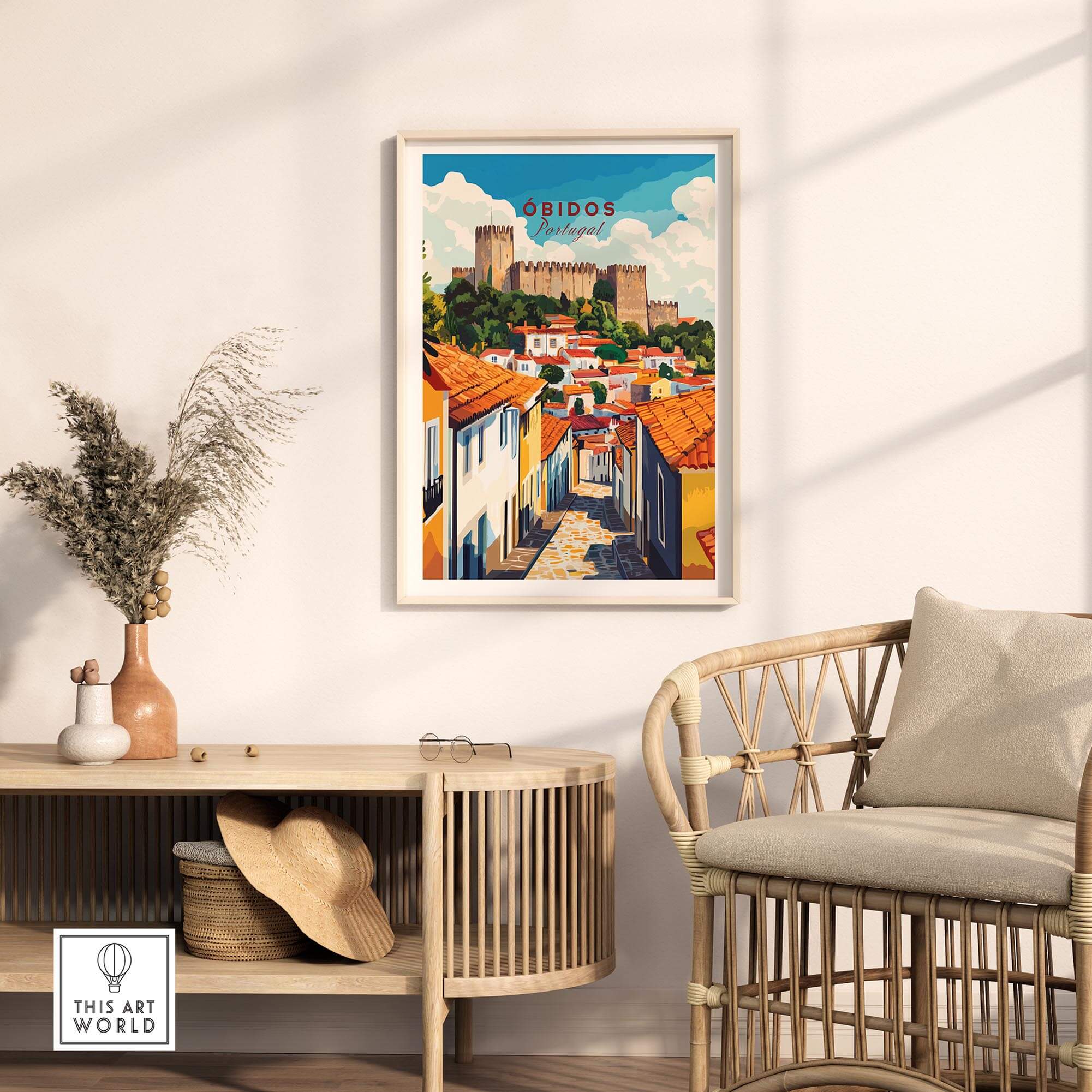 Obidos Print Portugal showcasing the picturesque streets and historic architecture of Obidos in a stylish home setting.