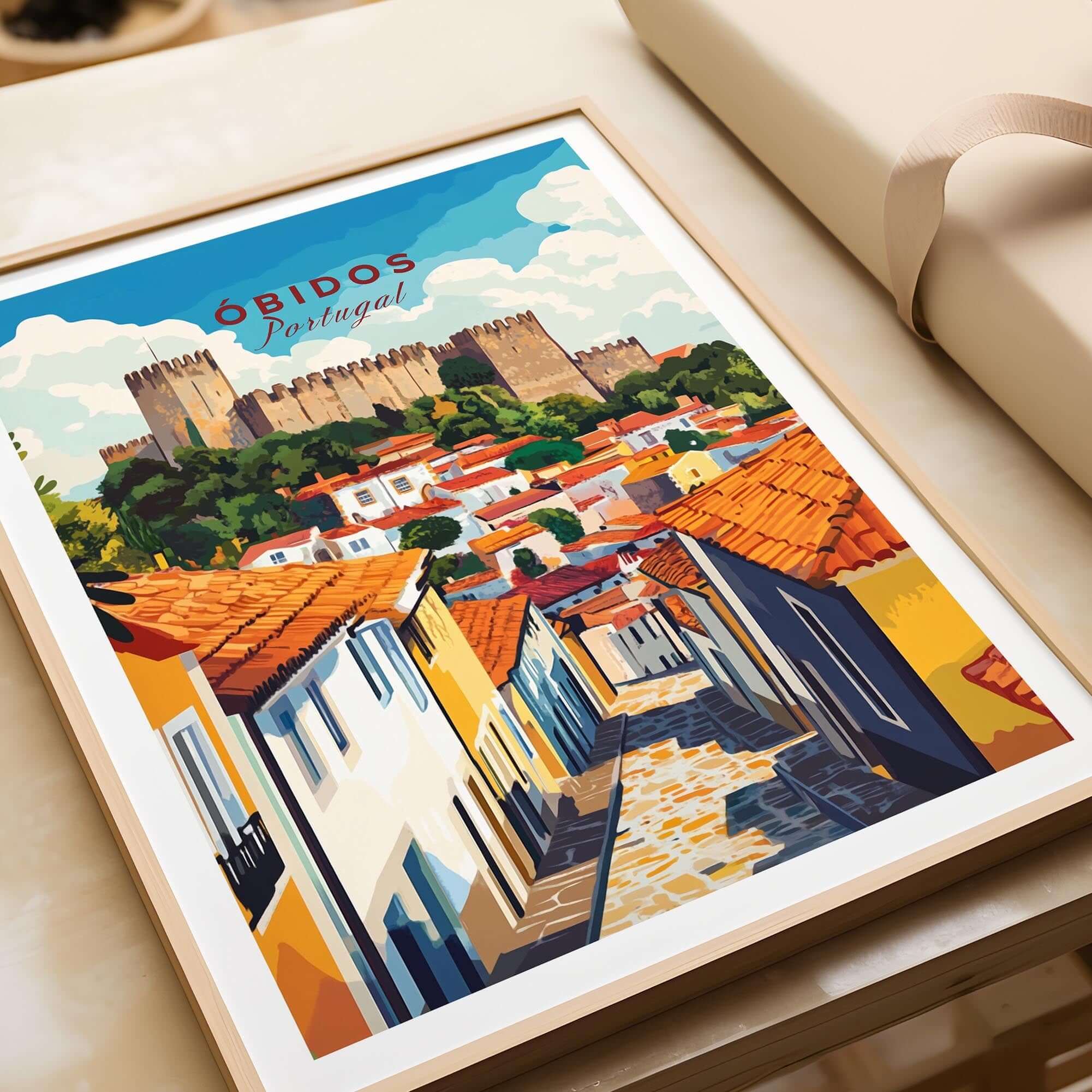 Obidos Print Portugal featuring colorful rooftops and the castle of Obidos, perfect for home or office decor.