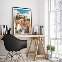 Obidos Print Portugal showcased in a stylish office setting with a modern desk and vibrant wall art.