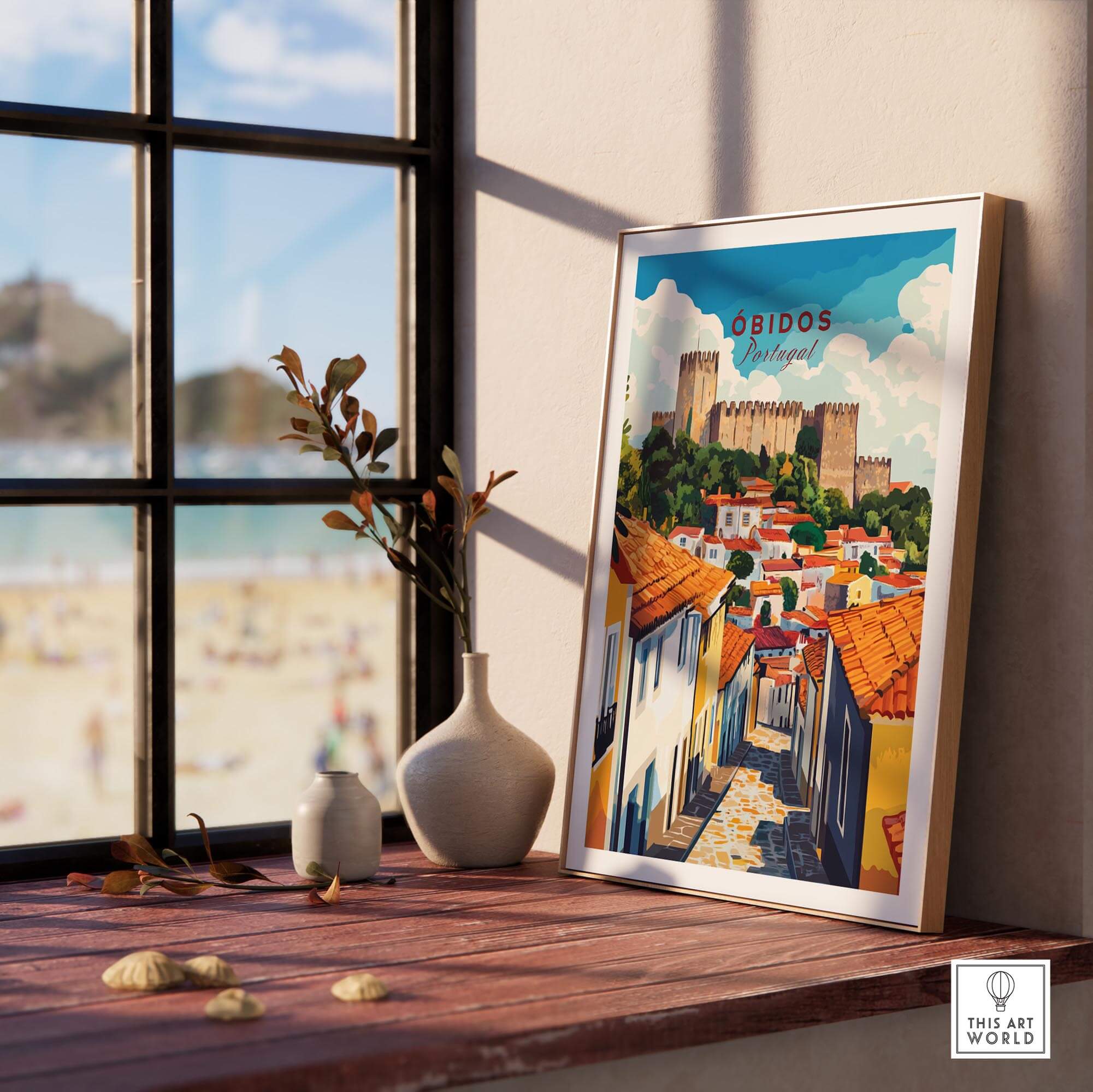 Obidos Print Portugal displayed in a stylish interior by the window, showcasing the beauty of Obidos.