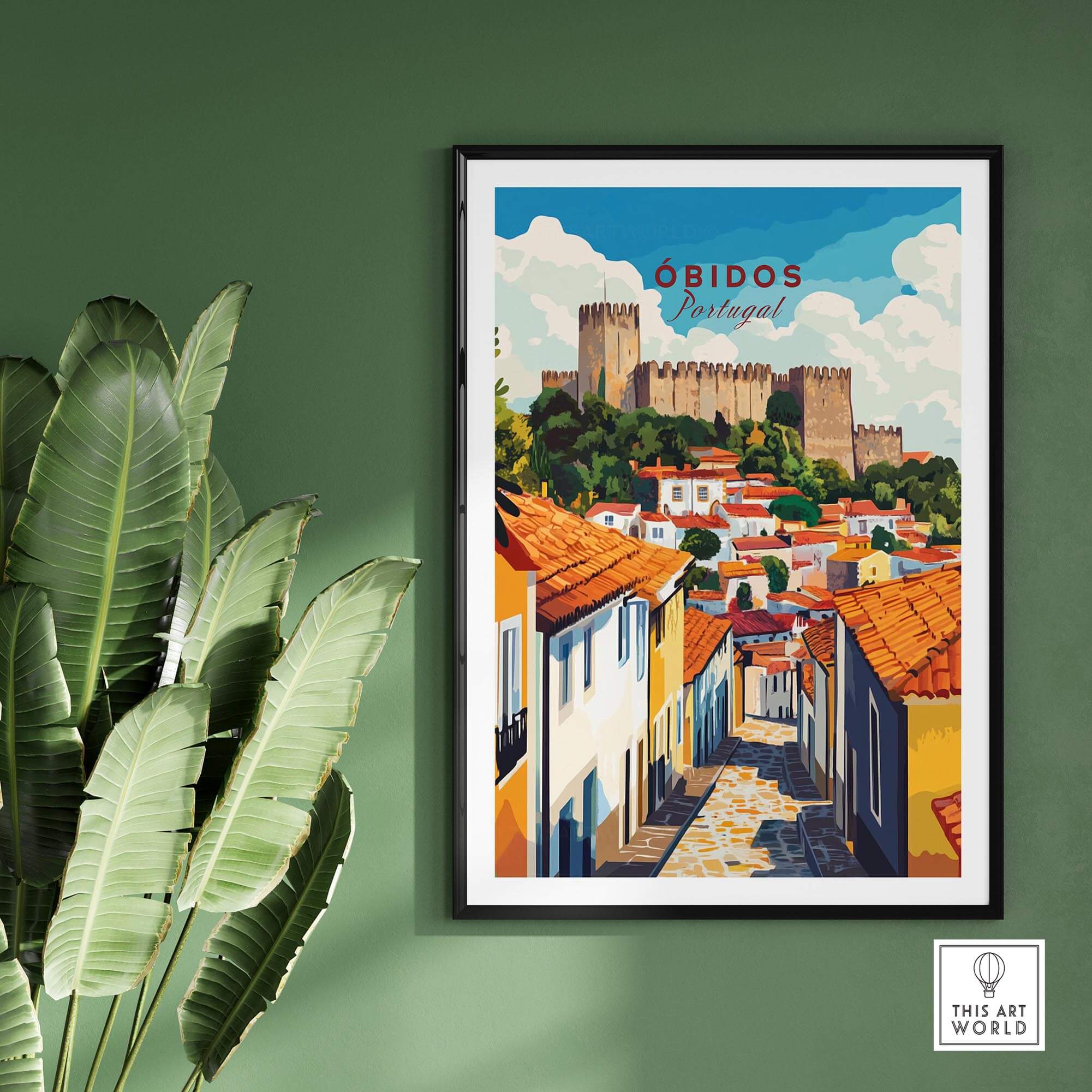 Obidos Print Portugal poster displaying the charming streets and castle of Obidos, Portugal, perfect for home decor.
