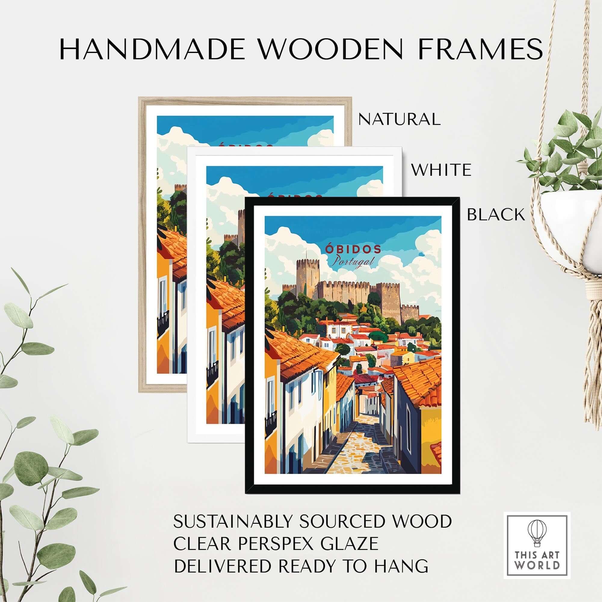 Obidos Print Portugal showcased in handmade wooden frames, available in natural, white, and black finishes.