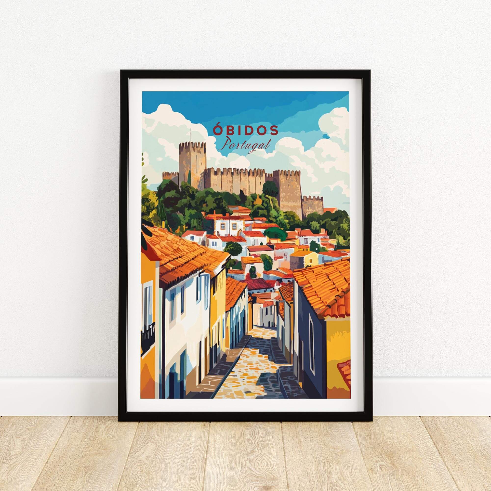 Obidos Print Portugal featuring a vibrant illustration of the picturesque town with its iconic castle.