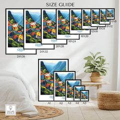 Odda Poster Norway size guide showcasing various dimensions for the Odda Poster in a stylish living room setting.
