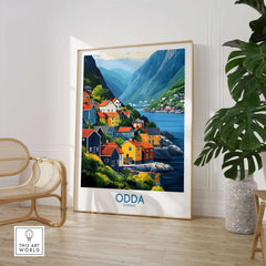 Odda Poster Norway showcasing colorful houses in a stunning mountainous landscape, perfect Norway wall art.