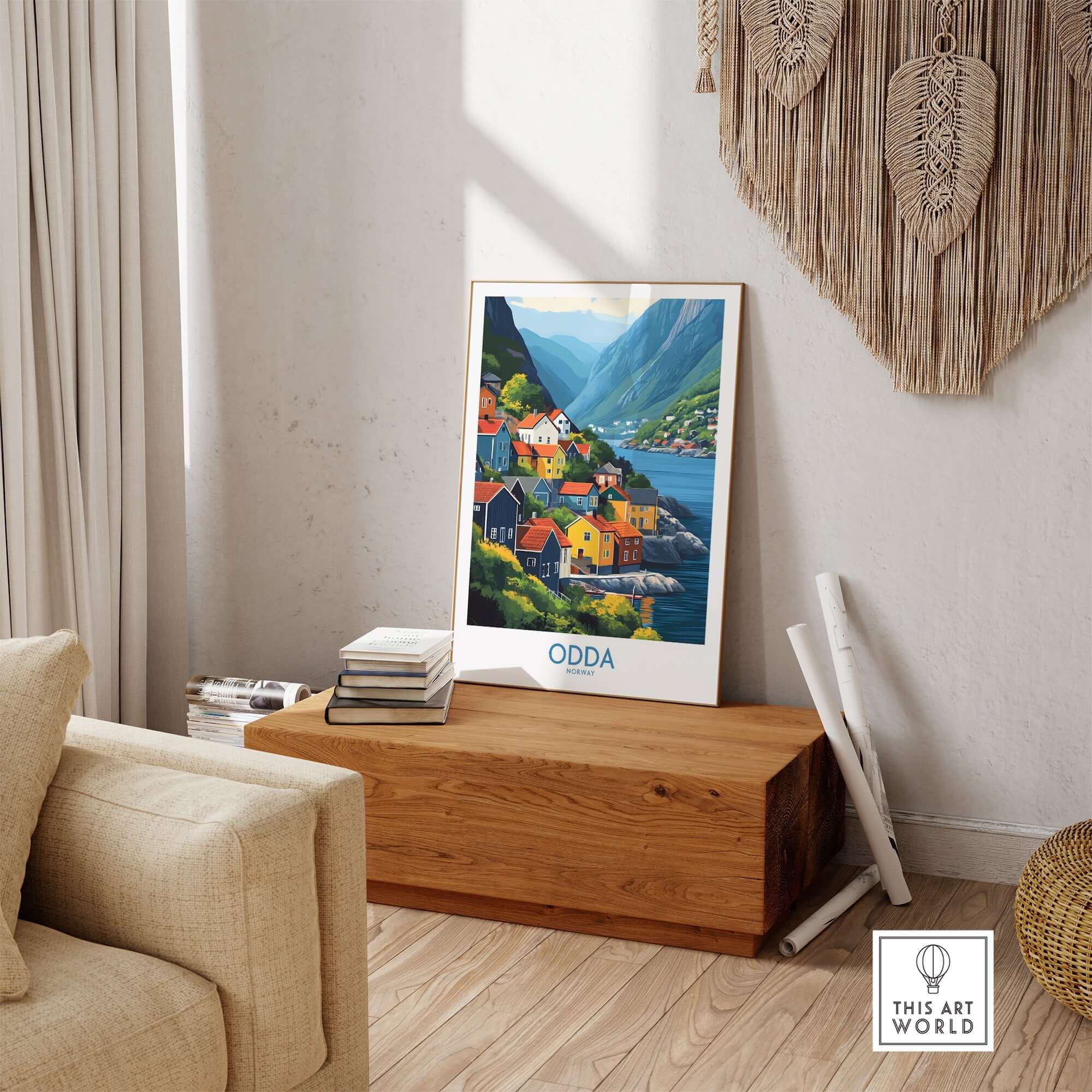 Odda Poster Norway showcasing vibrant houses and scenic landscapes in the picturesque town of Odda, Norway.