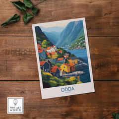 Odda Poster Norway showcasing colorful houses and serene landscapes of Odda, Norway, perfect for wall art.