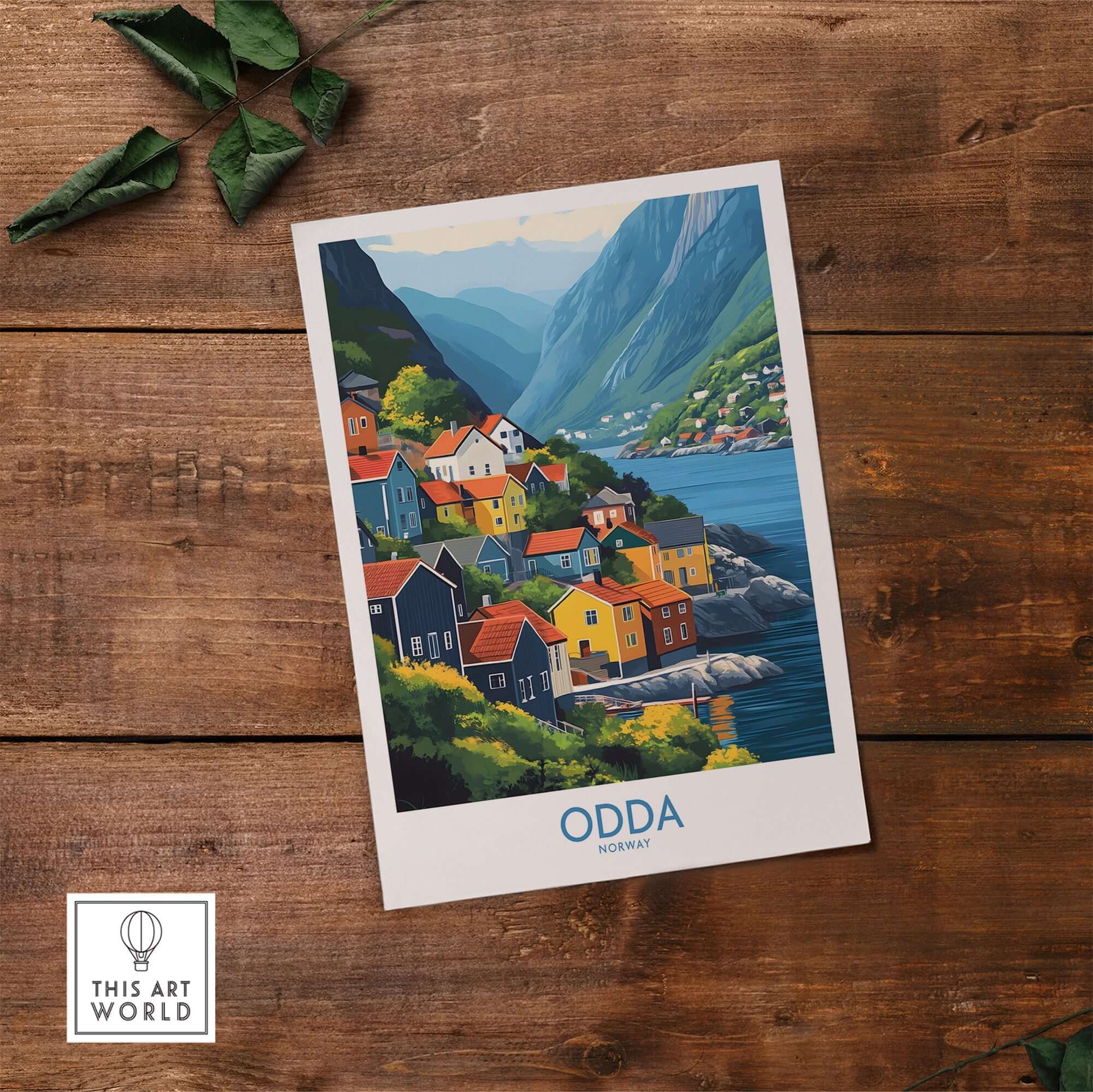 Odda Poster Norway showcasing colorful houses and serene landscapes of Odda, Norway, perfect for wall art.