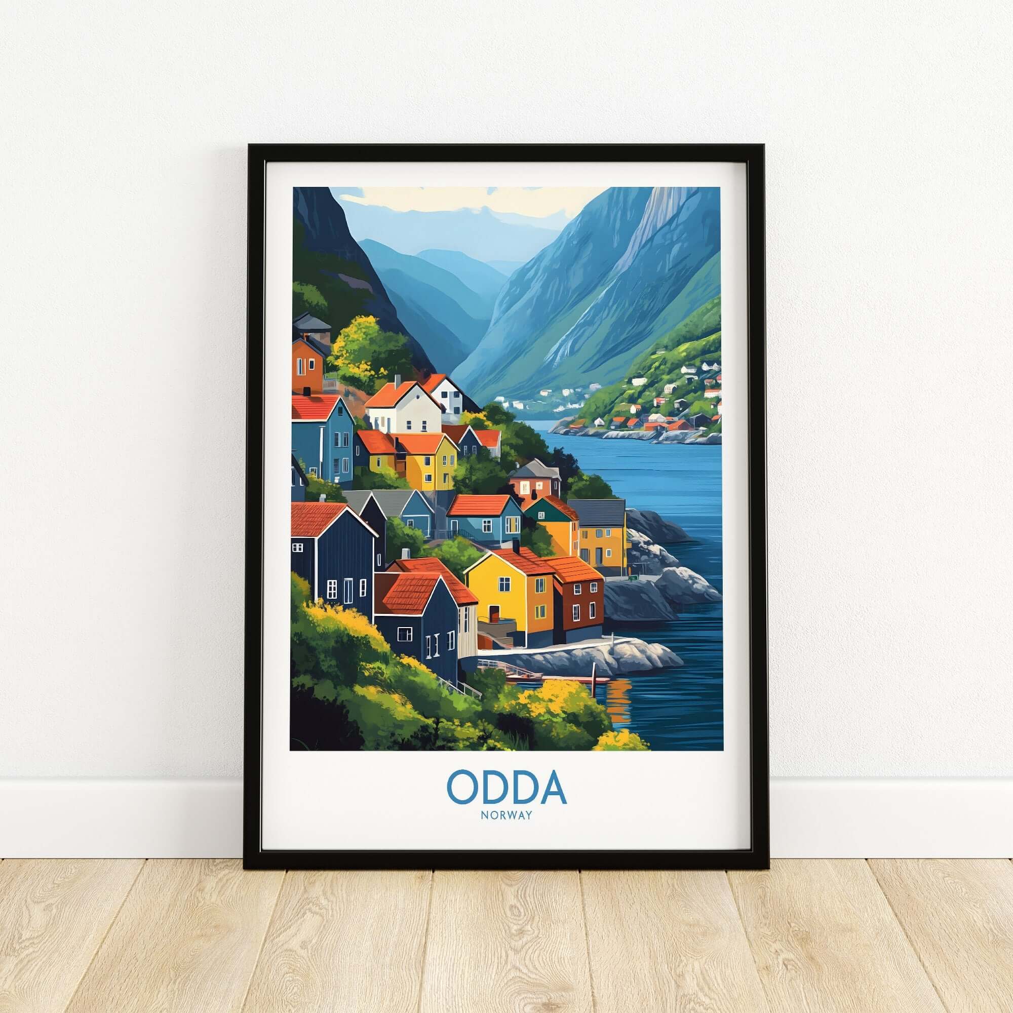Odda Poster Norway showcasing colorful houses in the picturesque town of Odda, Norway with stunning mountains and serene waters.