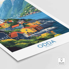 Odda Poster Norway showcasing colorful houses on the waterfront with stunning mountain landscape in Norway.