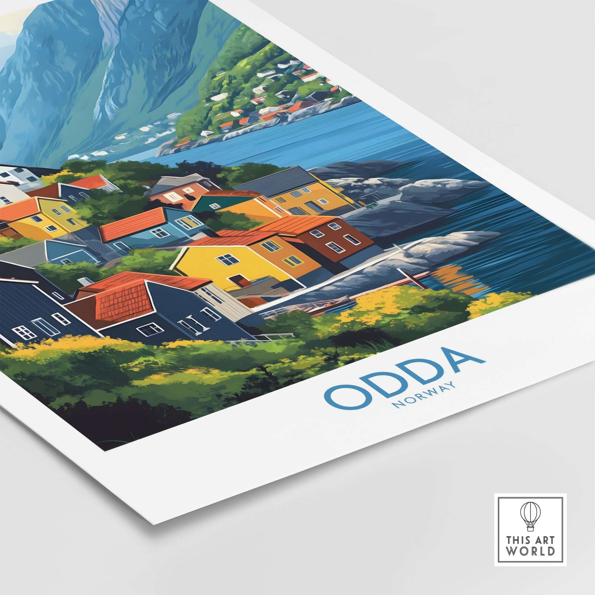 Odda Poster Norway showcasing colorful houses on the waterfront with stunning mountain landscape in Norway.